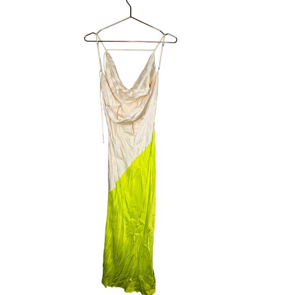 SAN SLOANE White Lime Green Satin Slip Style Cowl Neck Dress Size Small - Picture 7 of 14
